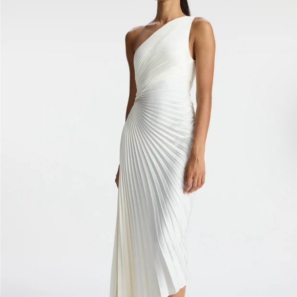 A.L.C. White Whisper  Satin Delfina Pleated Long Asymmetric One-Shoulder Dress - Picture 5 of 10